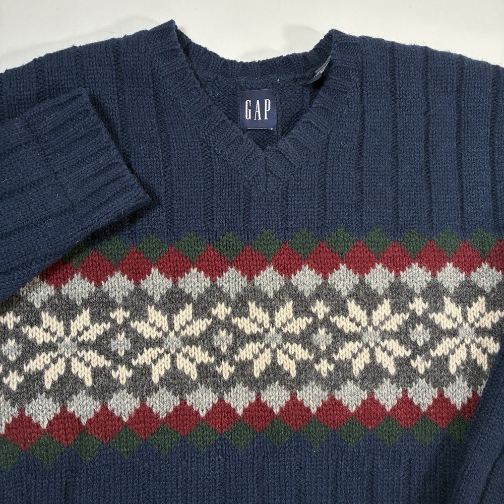 Vintage 90s GAP Sweater Men's M Shetland Wool Nordic Fair‎ Isle Ribbed Knit Y2K